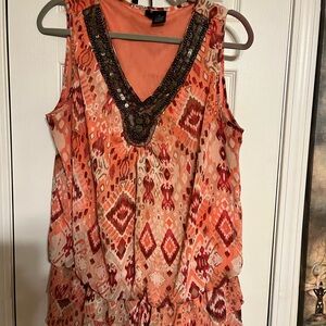 New Directions Sleeveless Blouse - Coral and Crimson Geometric